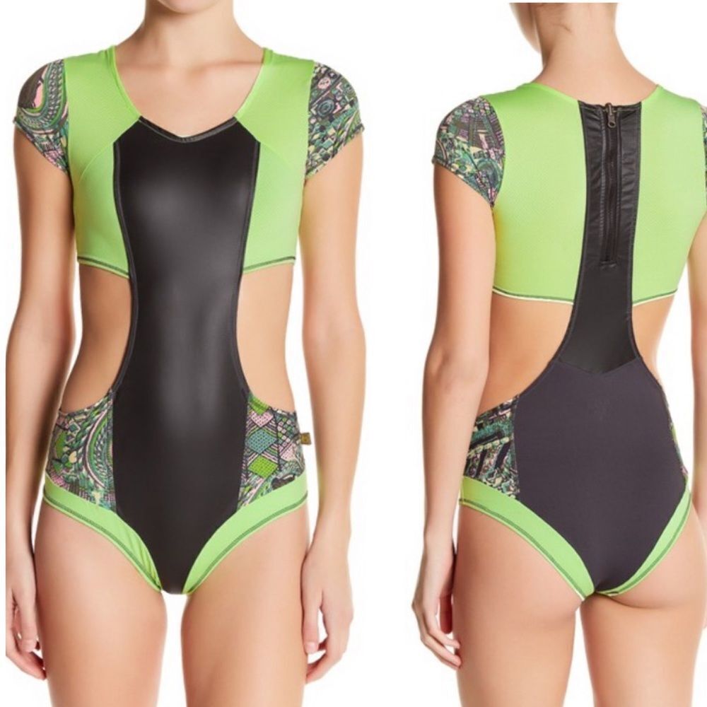 Maaji Faux Leather Surfer Soul Bodysuit One Piece Swimsuit Size Medium